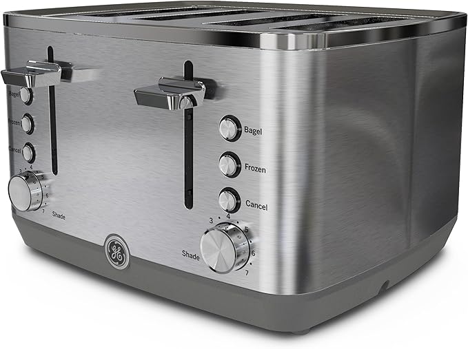 GE Stainless Steel 4 Slice Toaster | Extra Wide Slots for Bagels, Breads, Waffles & More | 7 Shade Options | Countertop Kitchen Essentials | 1500 watt