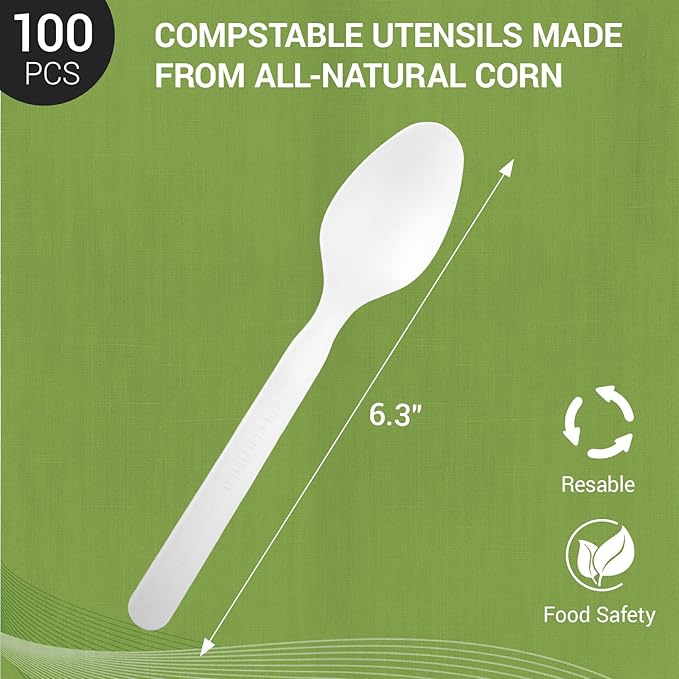 Compostable Spoons [100 Pcs] CPLA Spoons Disposable BPI Certified BPA-Free, Heat Resistant, Durable Disposable Utensils Alternative to Plastic Silverware for Daily, Party & Camping