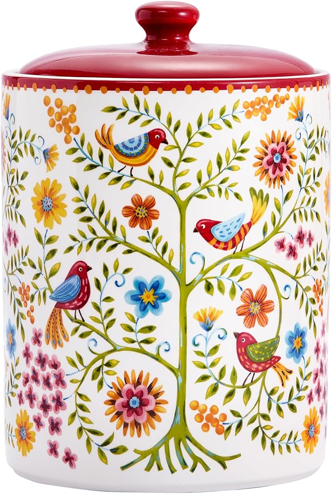 Bico Red Spring Bird Ceramic Air Tight 9 inch Cookie jar, for holding coffee, powder, tea, spices, Microwave and Dishwasher Safe