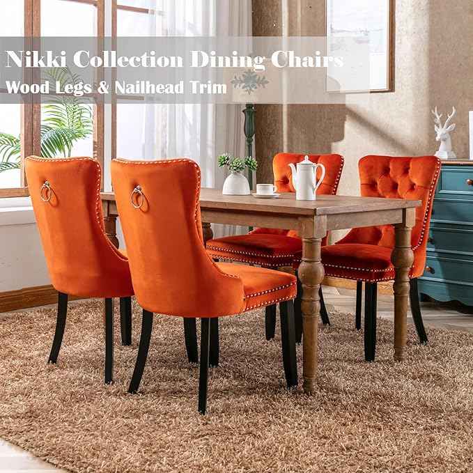 Velvet Dining Chairs Set of 4, Upholstered Dining Room Chairs with Back Ring Pull Trim and Solid Wood Legs,Tufted Wingback Kitchen Chair Perfect for Dining Room,Living Room,Kitchen(Orange)