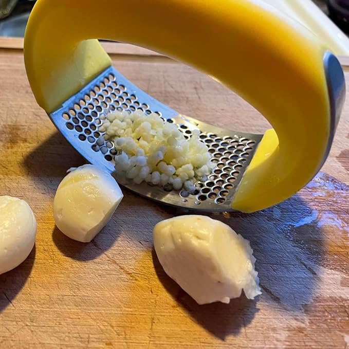 Angel's Peel Lounge Stainless Steel Garlic Press Rocker Set with Silicone Garlic Peeler & Cleaning Brush – Garlic Chopper, Mincer, Grater, Crusher – Easy for Crushed Cloves – Rust-Resistant, Yellow
