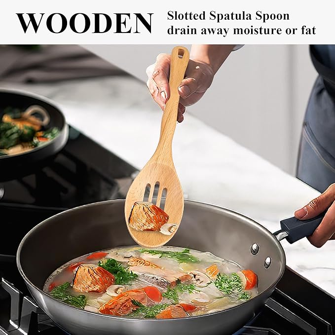 Wooden Spatula Set, 6 Pack Kitchen Wood Slotted Spoon Spatulas Turner Utensils for Cooking, Non Toxic Solid Wooden Spatulas Natural Wood Serving Spoons Spaghetti Utensil Set for Nonstick Cookware