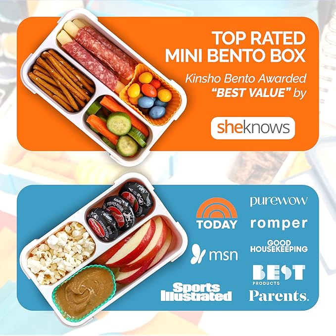 Small Snack Containers for Kids Toddlers - 3 Compartments (Set of 2) - Leak-Proof Reusable Boxes with Lids - BPA-Free Plastic Mini Bento Lunch Box - Ideal for School, Holds 2 Cups (Teal Blue+Orange)