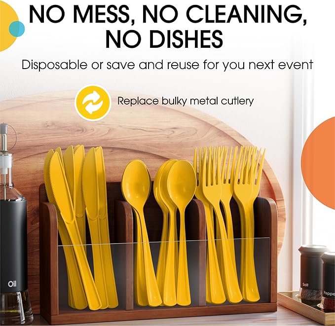 Party Solids Yellow Plastic Silverware Heavy Duty 300 Pieces Yellow Plastic Cutlery Sets, Utensil Sets, 100 Of Each Forks, Knives & Spoons Disposable Cutlery Set, Flatware Set For Party Supplies