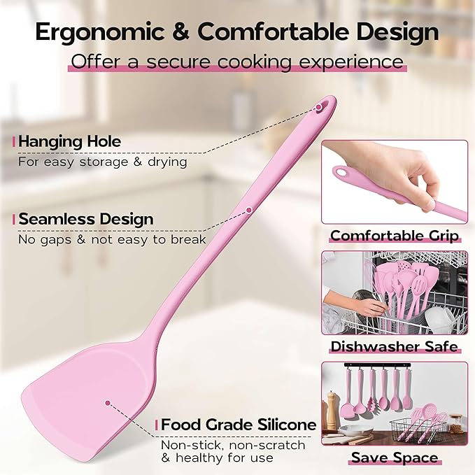 Onader Silicone Cooking Utensils Set, 10 Pieces Kitchen Utensils Set, Pink Kitchen Gadgets Tools Kit for Nonstick Cookware