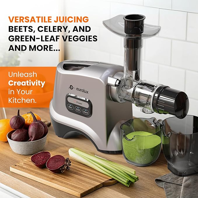 Eurolux Slow Masticating Juicer – Cold Press Machine for High-Yield Juice Extraction – Quiet & Powerful Juicer for Fruits and Vegetables – Easy to Clean, BPA-Free & Nutrient-Rich – Compact Design