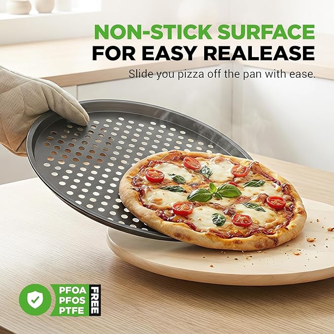 NutriChef 6-Pack13’’ Non-Stick Pizza Pans, Round Pizza Pans for Oven, Commercial-Grade Carbon Steel, Non-Stick Gray Coating, Ideal for Baking Pizza, Cookies and More, Dishwasher Safe