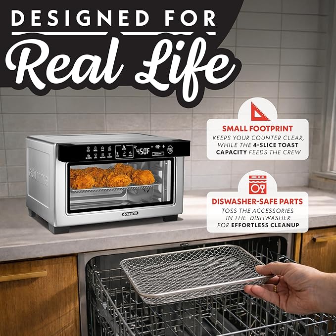 Gourmia Toaster Oven Digital Air Fryer - Convection Mode with 4 Slice Capacity, 3 Rack Positions, 12 Presets, Toast, Bagel, Bake, Roast, Broil, Dehydrate, Popcorn, Fits 9" Pizza, Stainless Steel