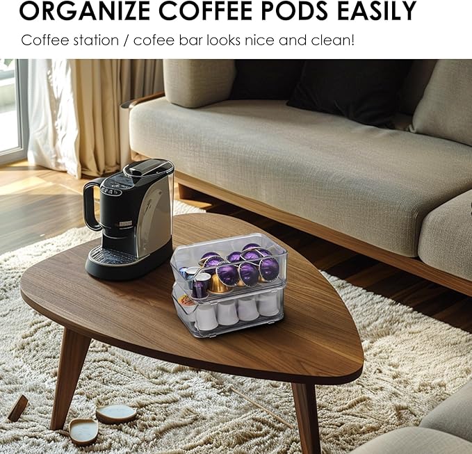 Clear Coffee Pod Holder for Counter, Transparent Coffee Pod Drawer for K Cups, Coffee Pod Storage Organizer Compatible with Nespresso Vertuo 76 Large or 104 Small Pods & Keurig Pods, 4 Tiers