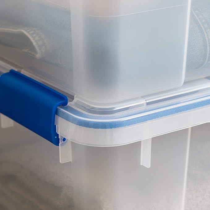 IRIS USA WeatherPro 27 & 44 Qt Storage Bins with Lids, 4 Pack, BPA-Free Plastic Gasket Box with Tight Latch and Seal, Stackable Nestable Tote Tub - Clear/Blue