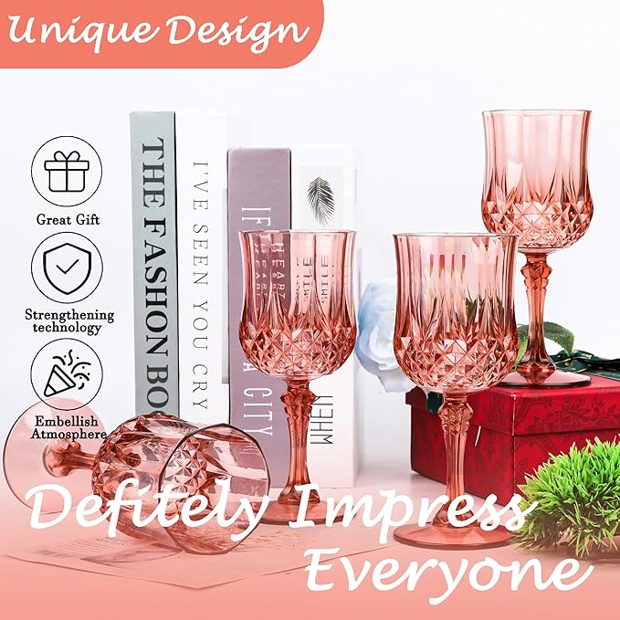 Plastic Wine Glasses, Plastic Goblets Vintage Style Cordial Unbreakable Drinking Glasses, Reusable Drinkware for Wedding Reception, Grand Event Party Supplies (48, Rose Gold)