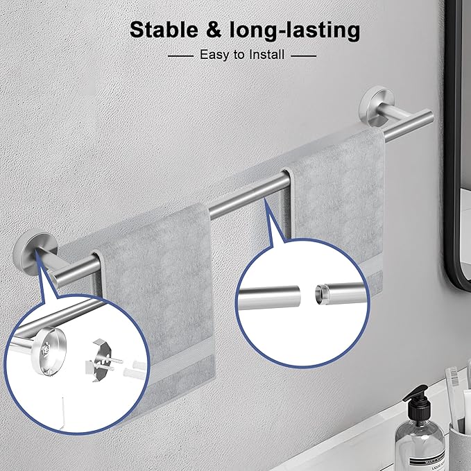 Brushed Nickel Towel Bar, 24 Inch Towel Racks for Bathroom Wall Mounted, SUS304 Stainless Steel Bathroom Towel Holder, Total Length 26.4 Inch Towel Bars