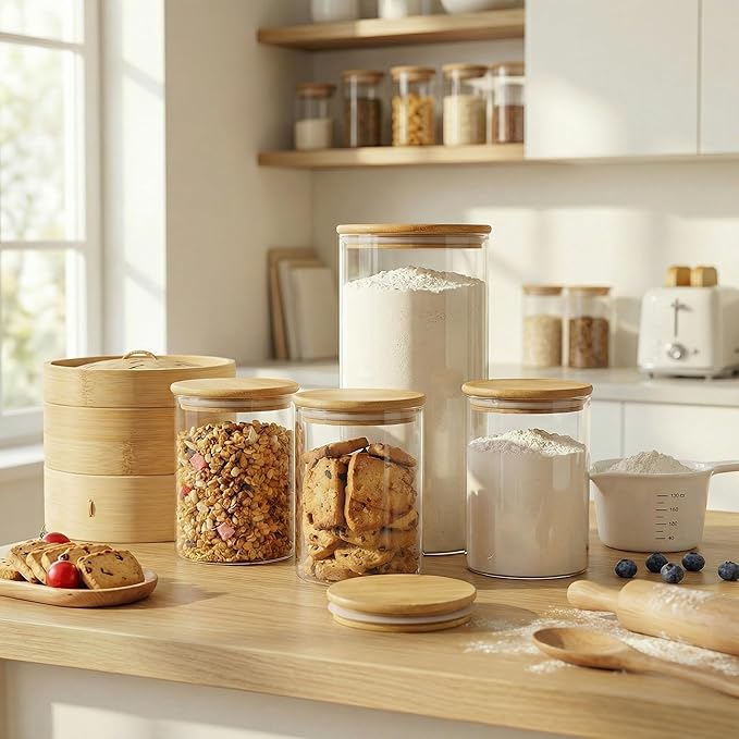 HomArtist Large Glass Flour and Sugar Containers 180oz x2 [Set of 2], Glass Food Storage Containers with Bamboo Lids, Glass Jar with Airtight Lids for Spaghetti Pasta,Rice,Cereal,Candy,Coffee, Oat