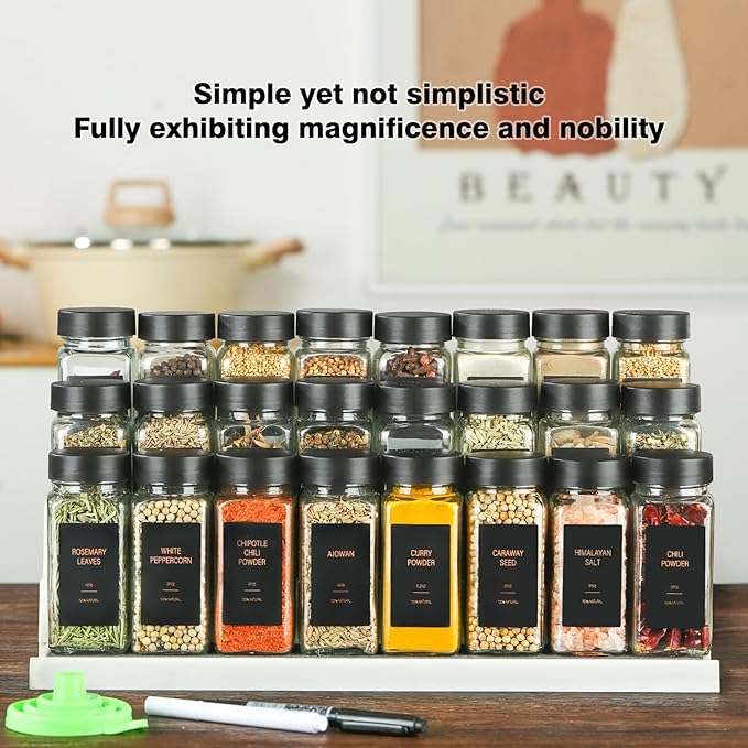 Spice Jars with Label，4oz Glass Spice Bottles With Shaker Lids，Seasoning Containers with Funnel, Chalk Pen for Cabinet，Drawer，Rack (Black, 36)