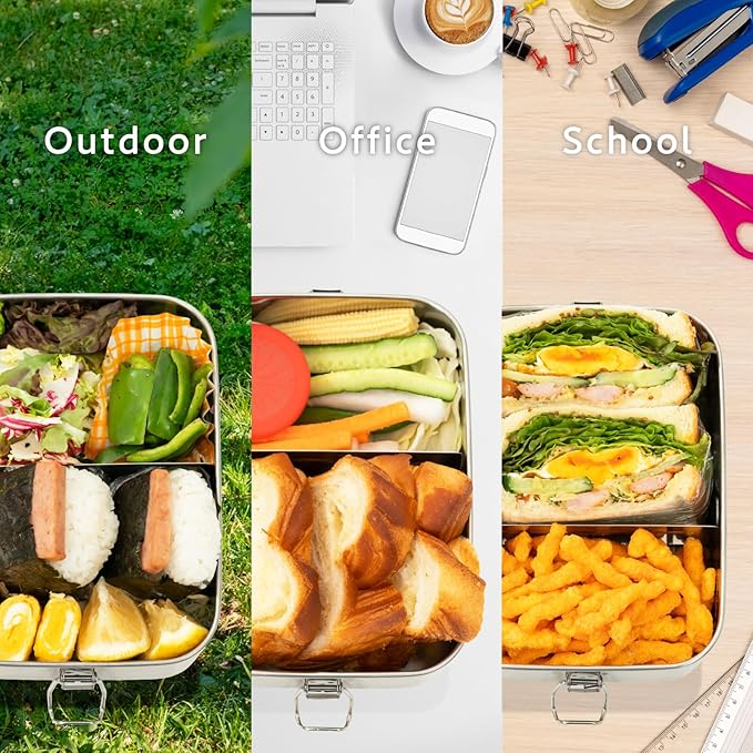 HIBINO Stainless Steel Bento Box 1200ml | Leakproof Bento Box for Adults | Removable Divider | Includes Sauce Container & Cotton Kinchaku Bag | BPA-Free | Designed in Japan