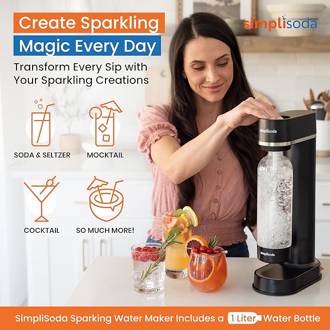 Simpli Soda BLÜ Sparkling Water Maker, Premium Soda Streaming Machine, Carbonated Water Machine and Soda Maker - Black (Machine + 1 CO2 Cylinder)