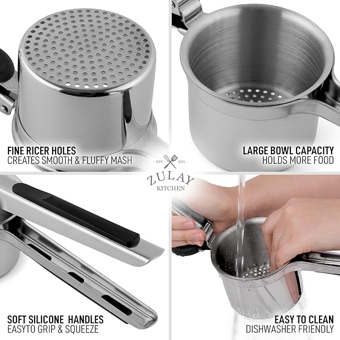 Zulay Kitchen Large 15oz Potato Ricer, Heavy Duty Stainless Steel Potato Masher and Ricer for Mashed Potatoes, Mashed Potato Masher & Potato Press Kitchen Gadget for Perfect Mashed Potatoes