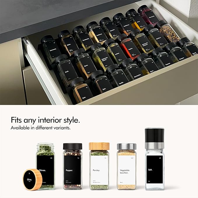 KIVY Spice Drawer Organizer with 24 Spice Jars & 240 Labels - Seasoning Rack for Organization - Kitchen Drawer Insert for Spice Jars - Glass Seasoning Jars with Airtight Lids - Glass Spice Jars Empty