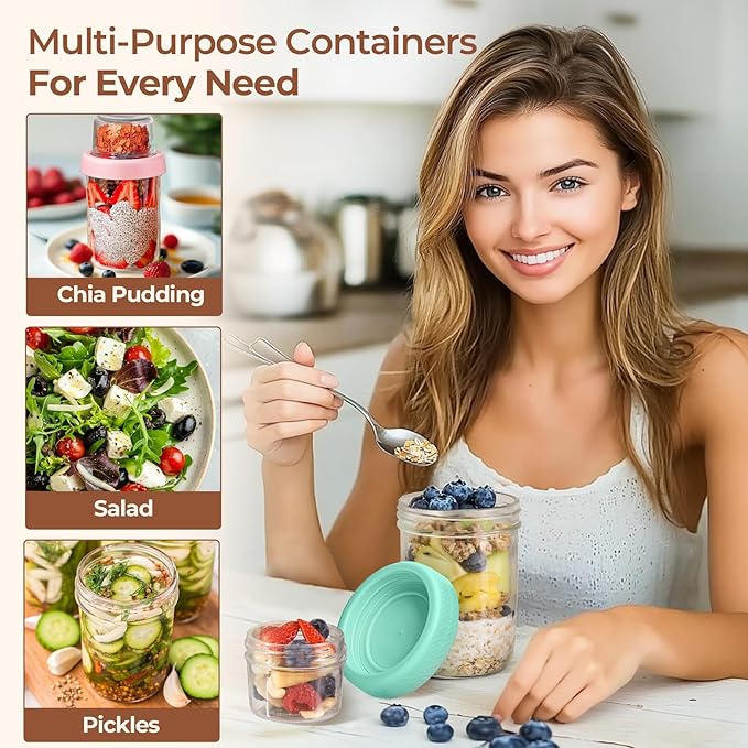 ComSaf Overnight Oats Containers with Lids (16oz+4oz, 2Pcs), Dual-Laryer Chia Pudding Jars with Dry and Wet Separation, Yogurt Parfait Cups for Oatmeal Cereal Nut Fruit, Meal Prep Glass Jars for Salad