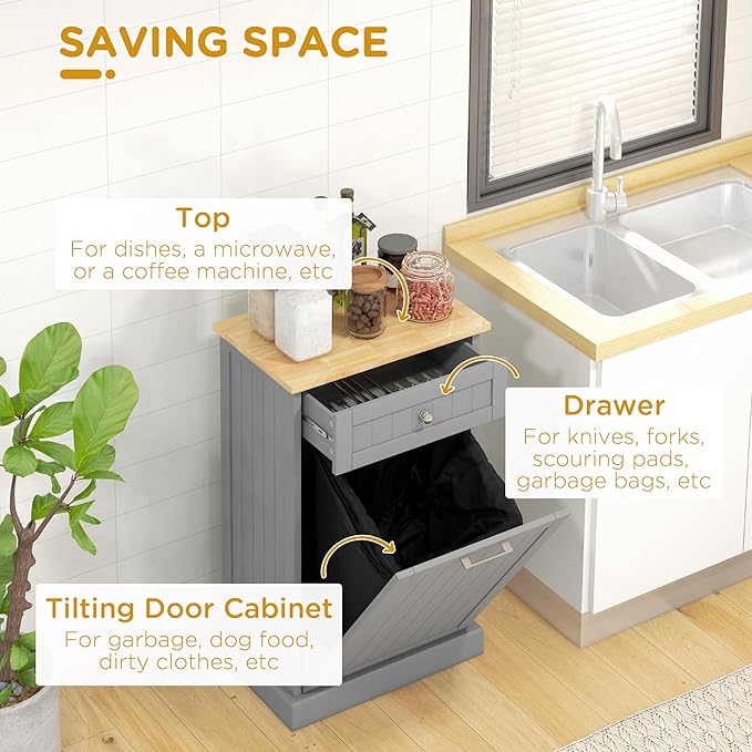 HOMCOM Kitchen Tilt Out Trash Bin Cabinet Free Standing Recycling Cabinet Trash Can Holder with Drawer, Gray