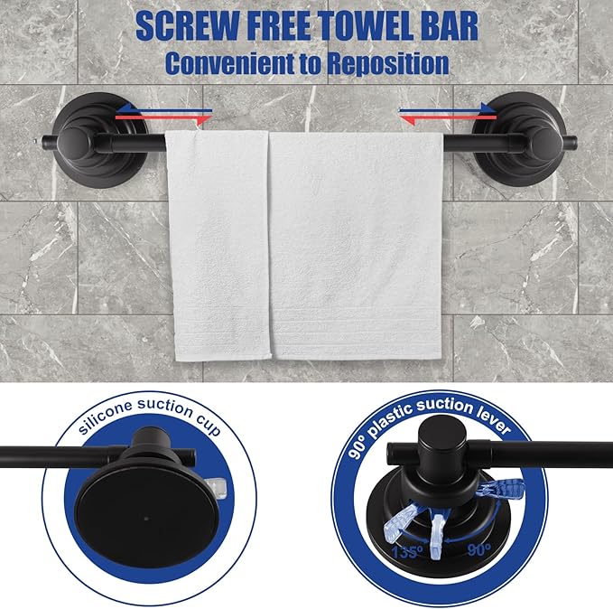 SLIIMU Suction Cup Towel Bar for Shower with 5 Hooks, 17-28 Inch Adjustable Long Bathroom Wall Washcloth Rack,Extendable Glass Shower Door Suction Rag Holder,Towel Rod for Bath Kitchen (Black)