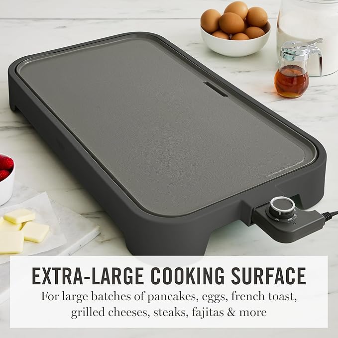Martha Stewart 12” x 22” Electric Griddle, XL Ceramic Nonstick Flat Top Cooking Surface, Adjustable Temperature Dial, Drip Tray, Dishwasher Safe, 1500W Fast Even Heating, Pancakes & Eggs, Caviar Gray
