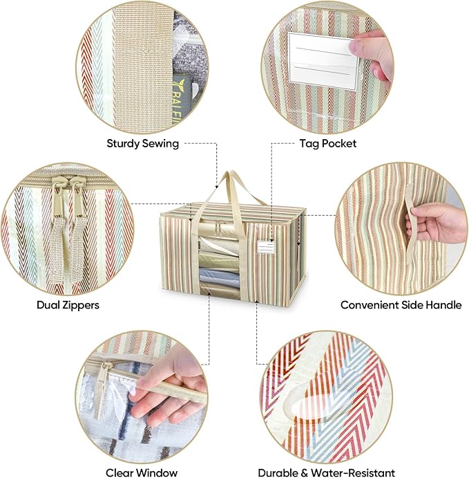 BALEINE 4-Pack Oversized Moving Bags with Reinforced Handles, Heavy-Duty Storage Tote Moving Supplies for Packaging, Camping (Color Stripe, 4-Pack)