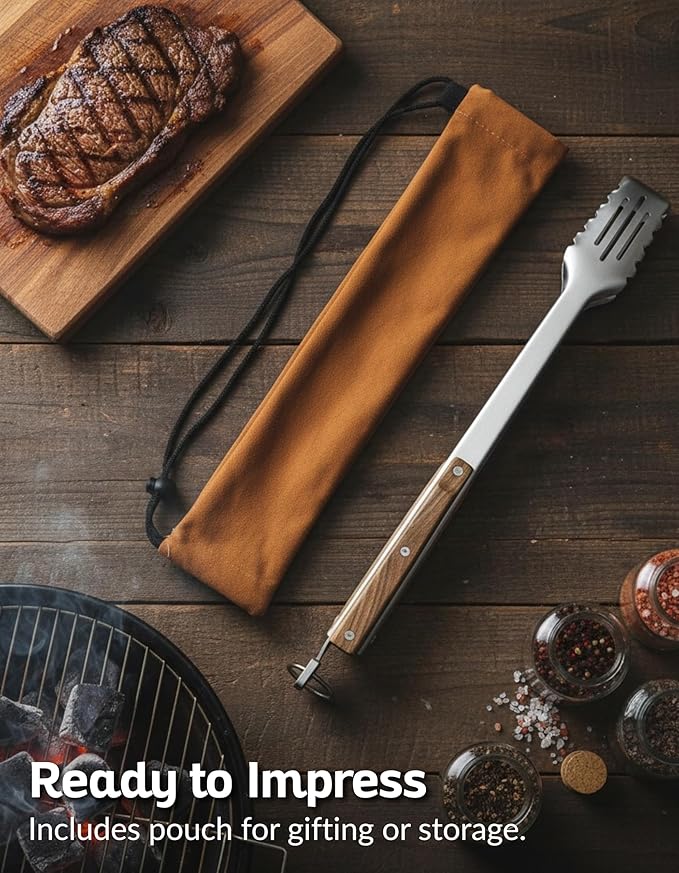17-Inch Grill Tongs for Outdoor Grilling - Heavy Duty Stainless Steel Tongs with Luxurious Walnut Grip & Premium Gift Pouch - Extra Long BBQ Tongs for Grilling, Smoker & Outdoor Cooking
