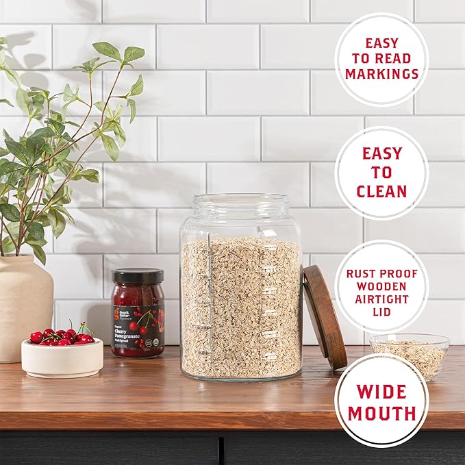 1 Gallon Glass Mason Jar with Airtight Wooden Lid, Wide Mouth Large Food Storage Container with Measurement Markings For Kitchen Pantry, Pickling, Cookies, Flour & Sugar - 2 Pack