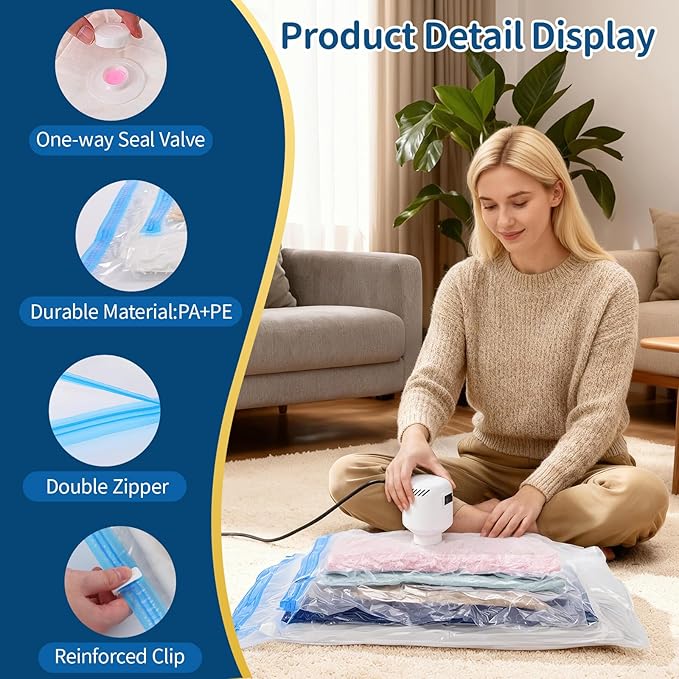 Vacuum Storage Bags with Electric Pump,8 Pack Extra Large Space Saving Vacuum Seal Bags for Bedding,Blanket,Comforters,Duvets,Pillows(8 Jumbo)
