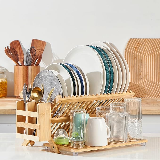 NOVAYEAH Bamboo Dish Drying Rack with Utensil Holder, Collapsible Wooden Dish Drainer Rack, 3-Tier Large Folding Drying Holder for Kitchen Counter 51 pcs Grid