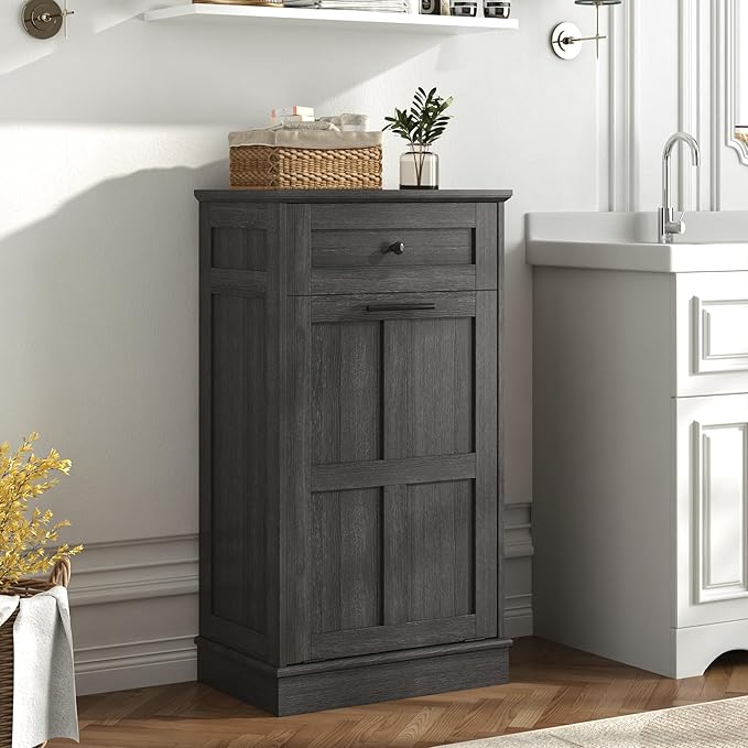 chartustriable Farmhouse Tilt-Out Trash Can Cabinet,13 Gallon Laundry Hamper with Drawers, Wooden Hidden Garbage Can Cabinet w/Storage for Kitchen & Living Room, Dark Grey