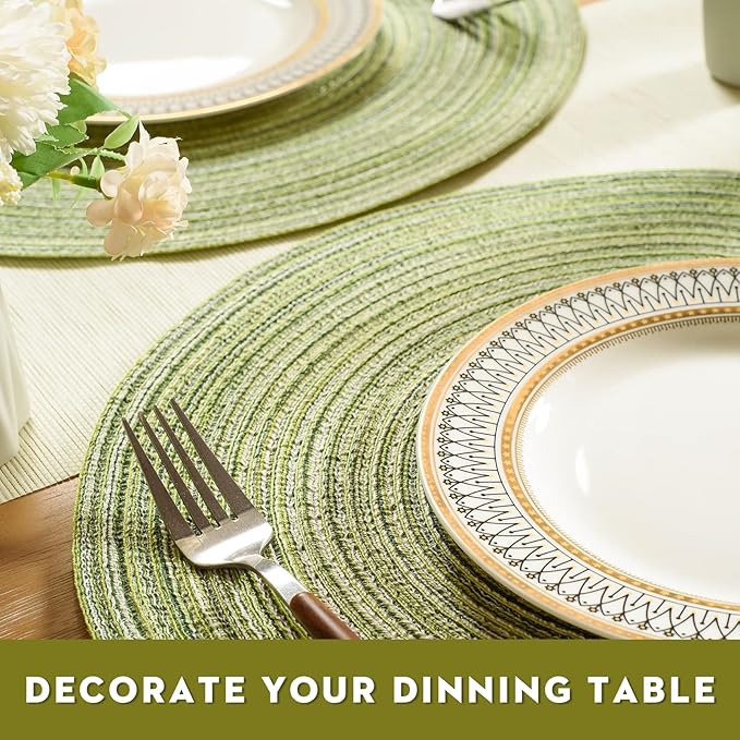 FunWheat Round Braided Placemats Set of 8 Place mats for Dining Tables Woven Heat Resistant Table Mats 15 inch(E Light Green, 8pcs)