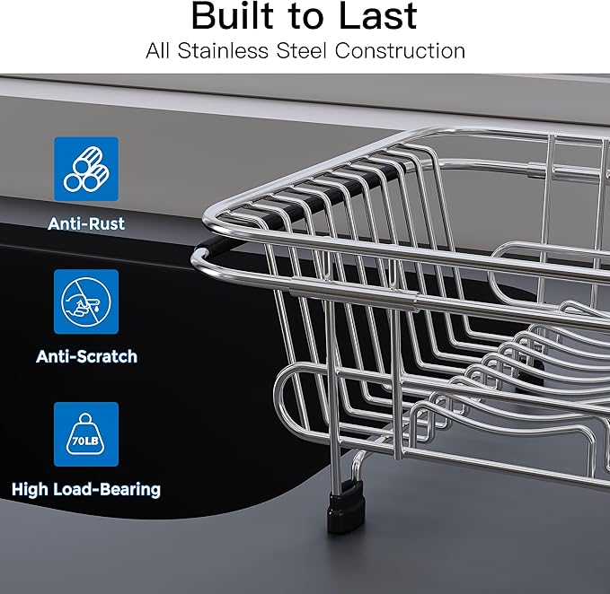 Apartment RV Small Dish Drainer Drying Rack Over The Sink In Stainless Steel for Narrow Kitchen, Counter Space Saving Compact Expandable Metal Plate Dryer Strainer, Modern Above Wire Drain Holder