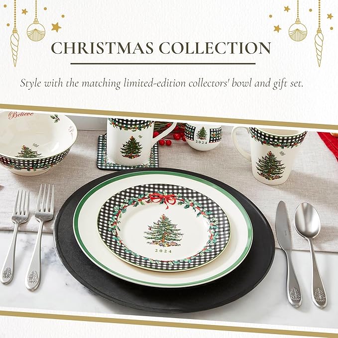 Spode Christmas Tree 2024 Annual Collector Plate - Exclusive Border with Red Ribbon & Black Check, Seasonal Display or Holiday Tableware Use, 8" Porcelain - Great Holiday Gift