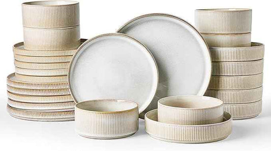 Famiware Star Dinnerware Set with Pasta Bowls, Service for 6 (24 Pieces), Ribbed Stoneware Plates and Double Bowls Sets - Chip & Scratch Resistant, Microwave & Dishwasher Safe Dishes, Cappuccino White