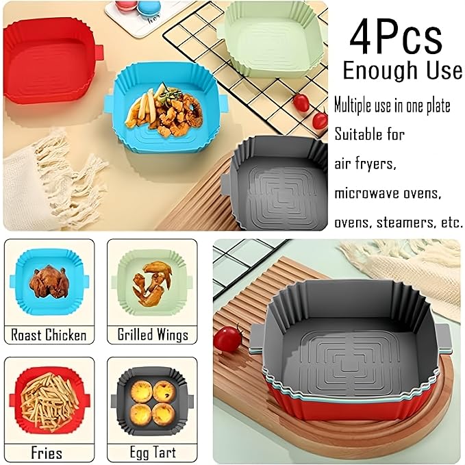 Silicone Air Fryer Liners, 4Pcs Air Fryer Silicone Reusable Liners Square,Food Safe Air Fryers Oven Accessories, Replacement Of Flammable Parchment Liner Paper, Silicone Baking Tray Pots