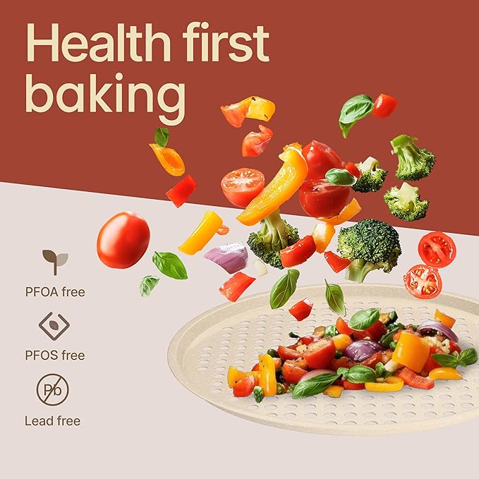 Bakken Pizza Baking Pan - Round Perforated Carbon Steel Pan with Non-Stick Marble Coating, Oversized Silicone Handle, Dishwasher Safe, High-Temperature Resistant, Durable & Easy Cleanup White, 2 Pack