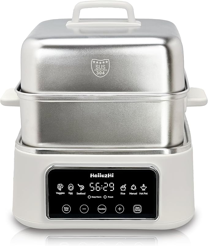 Electric Food Steamer 12.7 QT, Double-Tier 8-in-1 Vegetable & Meal Steamer, Stainless Steel, Timer & Keep Warm, Boil-Dry Protection, Healthy Cooking Kitchen Steamer