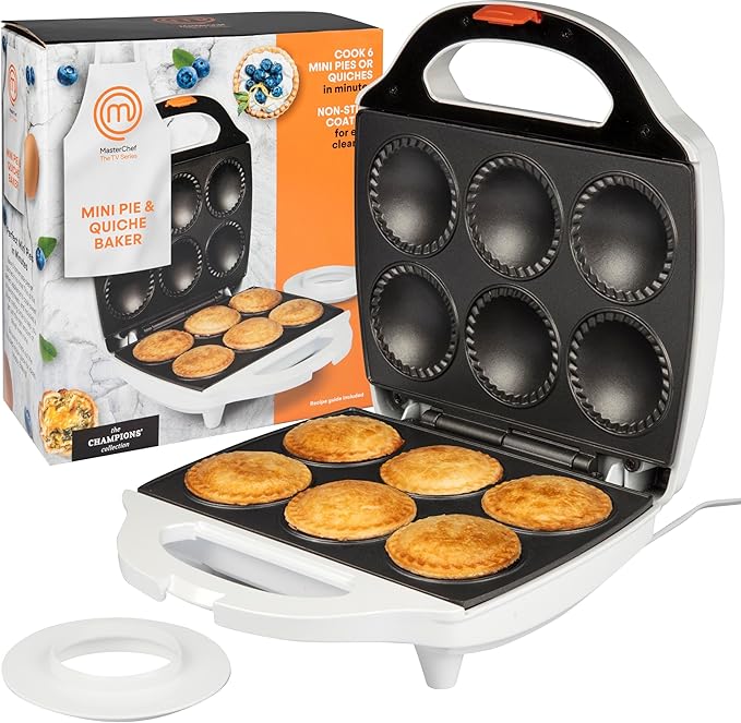 MasterChef Mini Pie & Quiche Maker- Baker Cooks 6 Small Pies or Quiches in Minutes- Non-stick Cooker w Dough Cutting Circle for Easy Measurement & Filling, Must Have Machine for Desserts & Appetizers