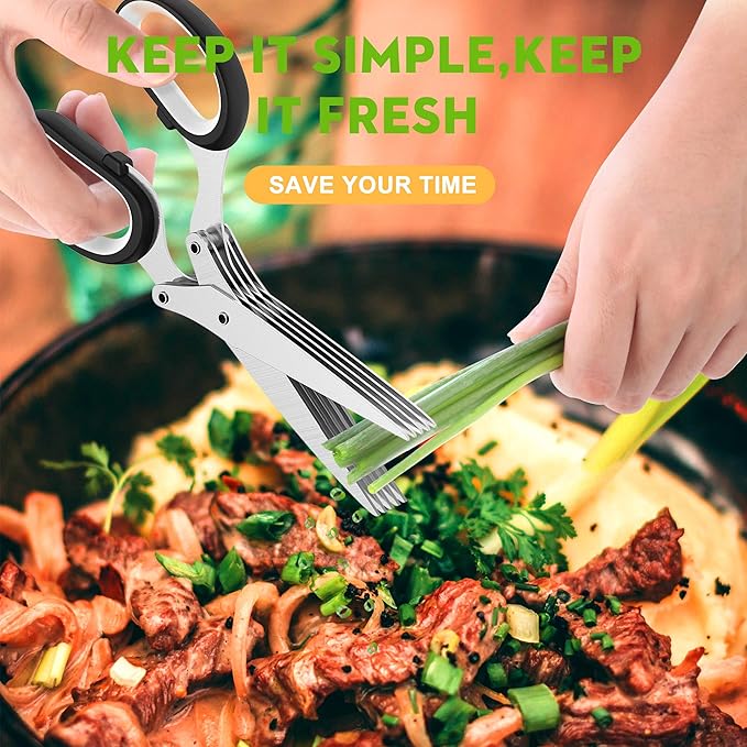 Herb Scissors Set - Updated 2025 Cool Kitchen Gadgets for Cutting Fresh Garden Herbs - Herb Cutter Shears with 5 Blades and Cover, Sharp and Anti-rust Stainless Steel, Dishwasher Safe (Black-White)