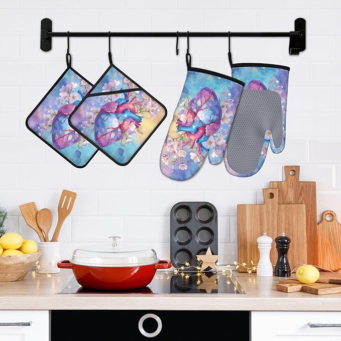 Valentine's Day Oven Mitts and Pot Holders Sets 4Pcs Silicone Non-Slip Mitts Heat Resistant Gloves Hot Pads for Kitchen Cooking Baking Grilling BBQ Heart Flowers