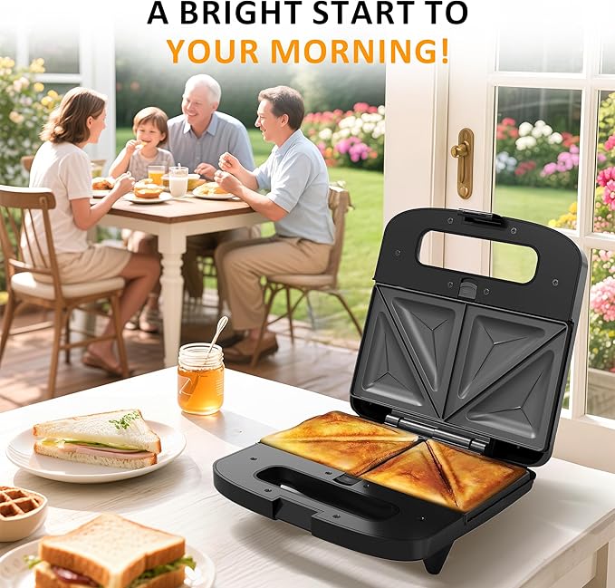 Sunvivi 3 in 1 Electric Sandwich Maker: Panini Press Grill and Waffle Iron Set, Grill and Sandwich Press with Removable Nonstick Plates, Indicator Lights & Cool Touch Handle, 800W, Black