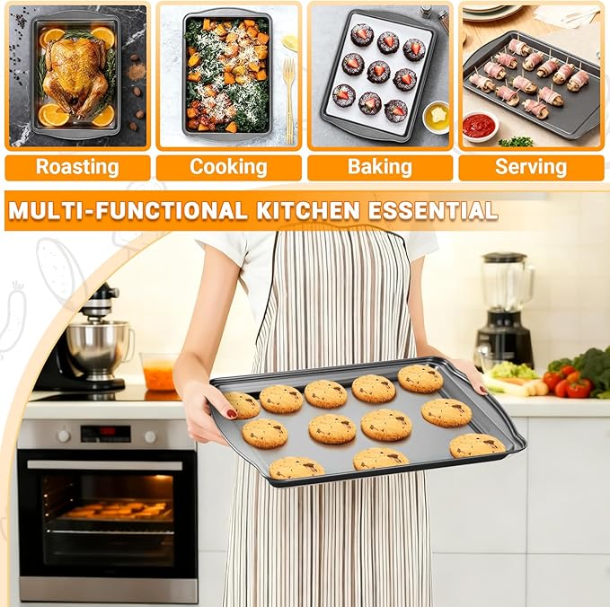 Baking Pan Set of 3 - Carbon Steel Baking Sheets Set, 17 Inch, Nonstick Cookie Sheets for Baking, Rust & Warp Resistant & Stackable, Nontoxic & Heavy Duty & Easy Clean