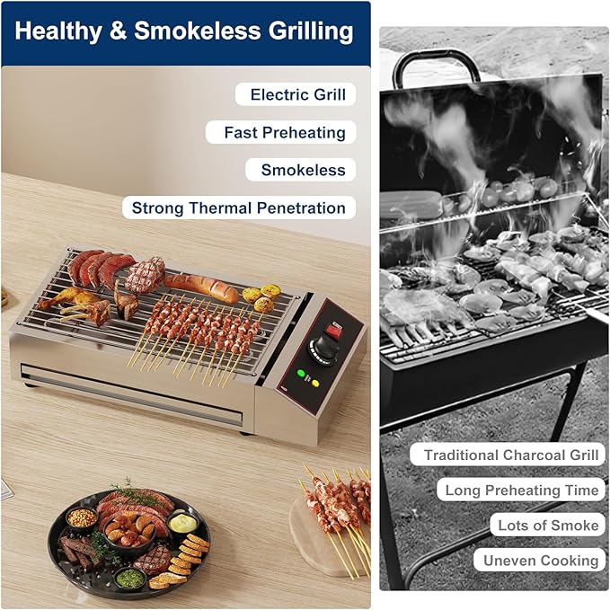 1800W Countertop Electric Grill, Smokeless Indoor Grill with Removable Griddle, Adjustable Temperature 122°F-572°F, Commercial Stainless Steel BBQ Grill for Party Restaurant Camping