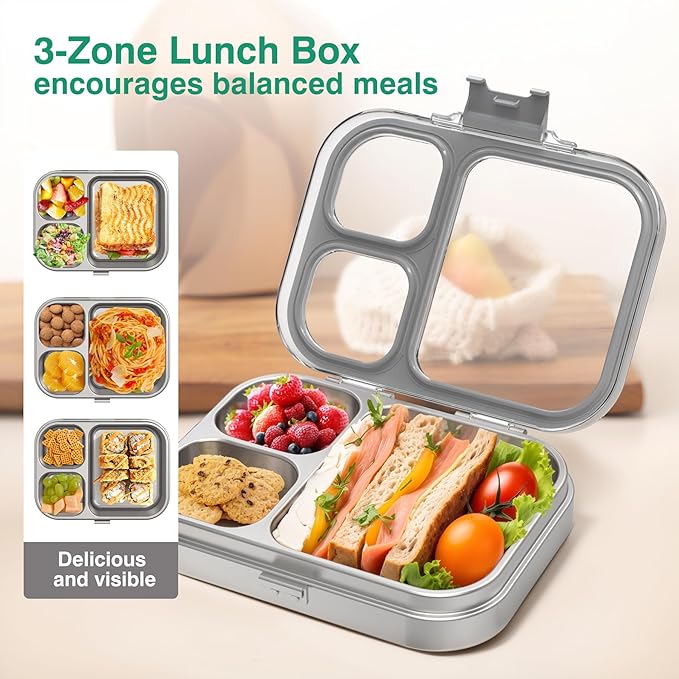 HOMEKOL Stainless Steel Bento Lunch Box, 3-Compartment Leak-Proof Lunch Container for Kids & Adults, BPA/BPS-Free 304 Metal Food Box, Dishwasher Safe, Clear Tritan Lid, Grey (Not Insulated)