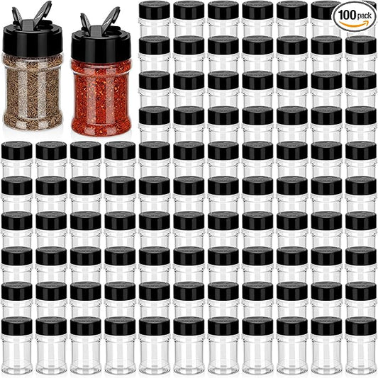 100 Pcs Plastic Spice Jars with 2 Sides Flip Cap Clear 2 Oz Seasoning Containers Empty Spice Bottles Small Seasoning Jars with Shaker Lid for Kitchen Storage Herbs and Powders (Black Cap)