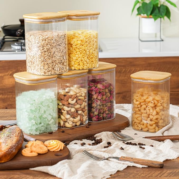 37oz Airtight Glass Square Storage Canisters with Bamboo Lids Set of 6 (1100ml) Striped Stackable Containers, Kitchen Jars for Pantry Noodles, Flour and Coffee beans (‎with Black Lable)