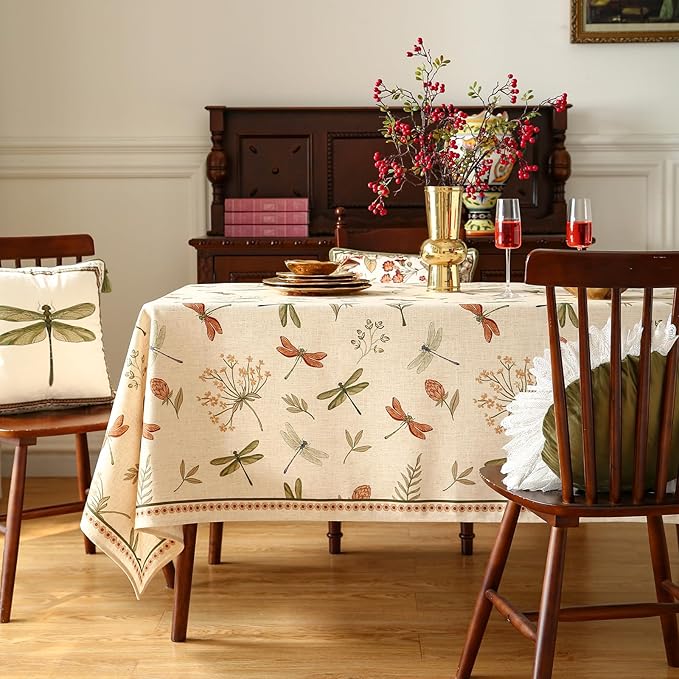 ISAENNE Designer Floral Linen Extra Long Table Cloth Rectangle,French Off White Elegant Tablecloth,Washable Home Decor Tablecloths for Dining Thanksgiving Kitchen Christmas,63"*110"-Grace B