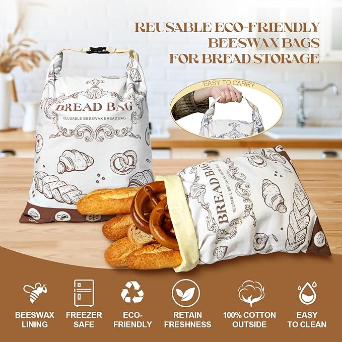 Reusable Beeswax Bread Bags - Large Capacity Cotton Storage for Homemade, Sourdough & Fresh Bread | Food-Grade Eco-Friendly Storage Solutions